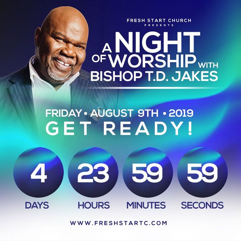 myfreshstartc's tweet photo. #COUNTDOWN with us to the night of #worship with Bishop T.D. Jakes!!!

#WeAreFreshStartC 🔄 #FreshstartC
#FreshStartChurch @bishopjakes https://t.co/OCL7umwKA9