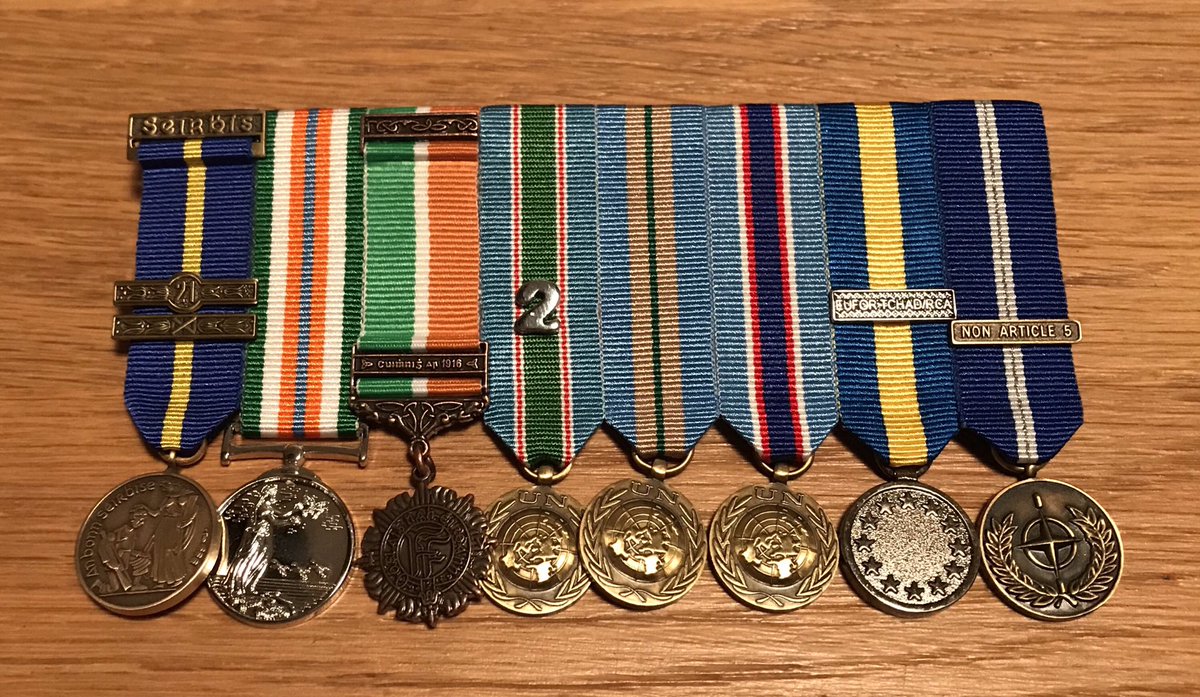 IrishMedalMount's tweet photo. Set of miniature Medals from a recently retired Irish @defenceforces female soldier. She gave 21yrs service and served on 6 overseas missions #notbored @naval_service @employxmilitary @kforfitz @DF_COS @IrishAirCorps https://t.co/YiyxNCJpnU