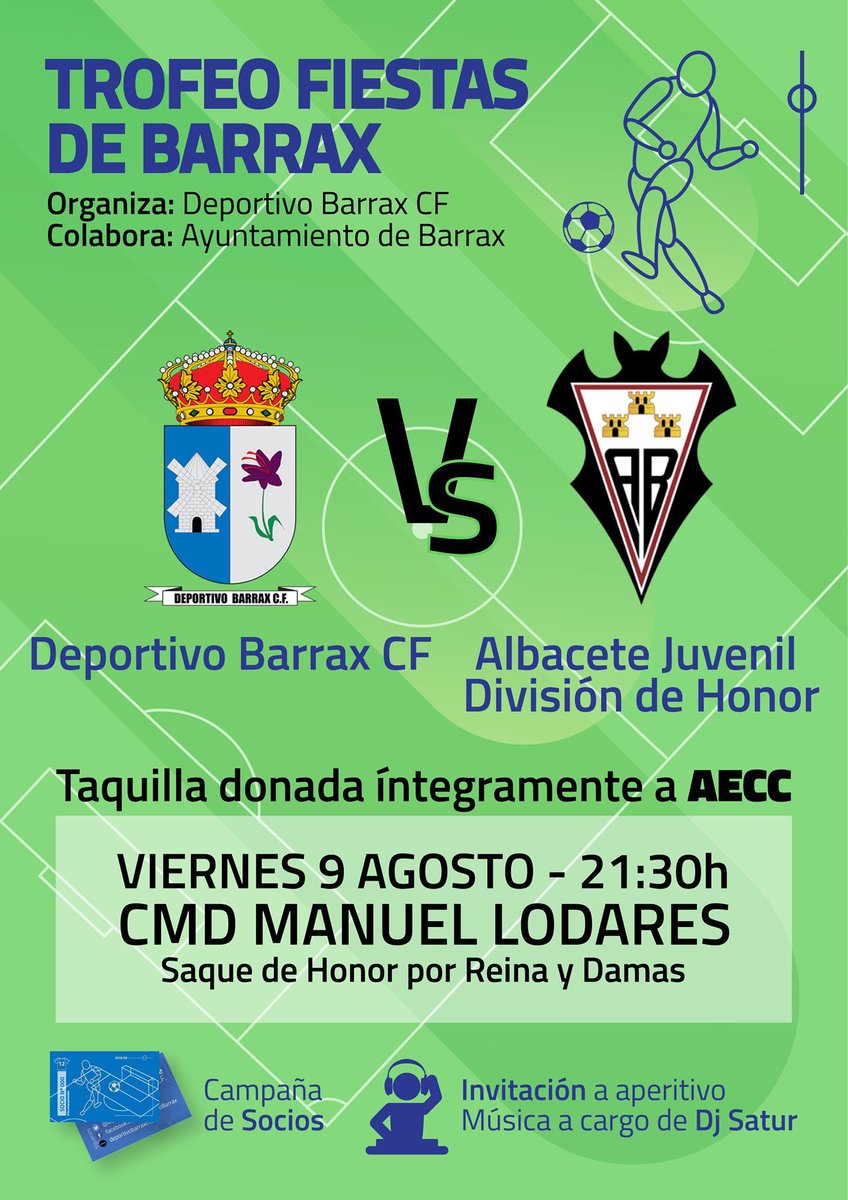 𝗧𝗥𝗢𝗙𝗘𝗢 𝗙𝗜𝗘𝗦𝗧𝗔𝗦 𝗗𝗘 𝗕𝗔𝗥𝗥𝗔𝗫

🗓️ Viernes 9 de agosto 21:30h
🎫 ¡𝗘𝗻𝘁𝗿𝗮𝗱𝗮 𝟓€! Donada íntegramente a AECC Albacete
🏟️ CMD Manuel Lodares de Barrax
⚽ Deportivo Barrax CF 🆚 Albacete Balompié Juvenil Division Honor
·
#TuLoHacesPosible #AupaDepor #Volveremos