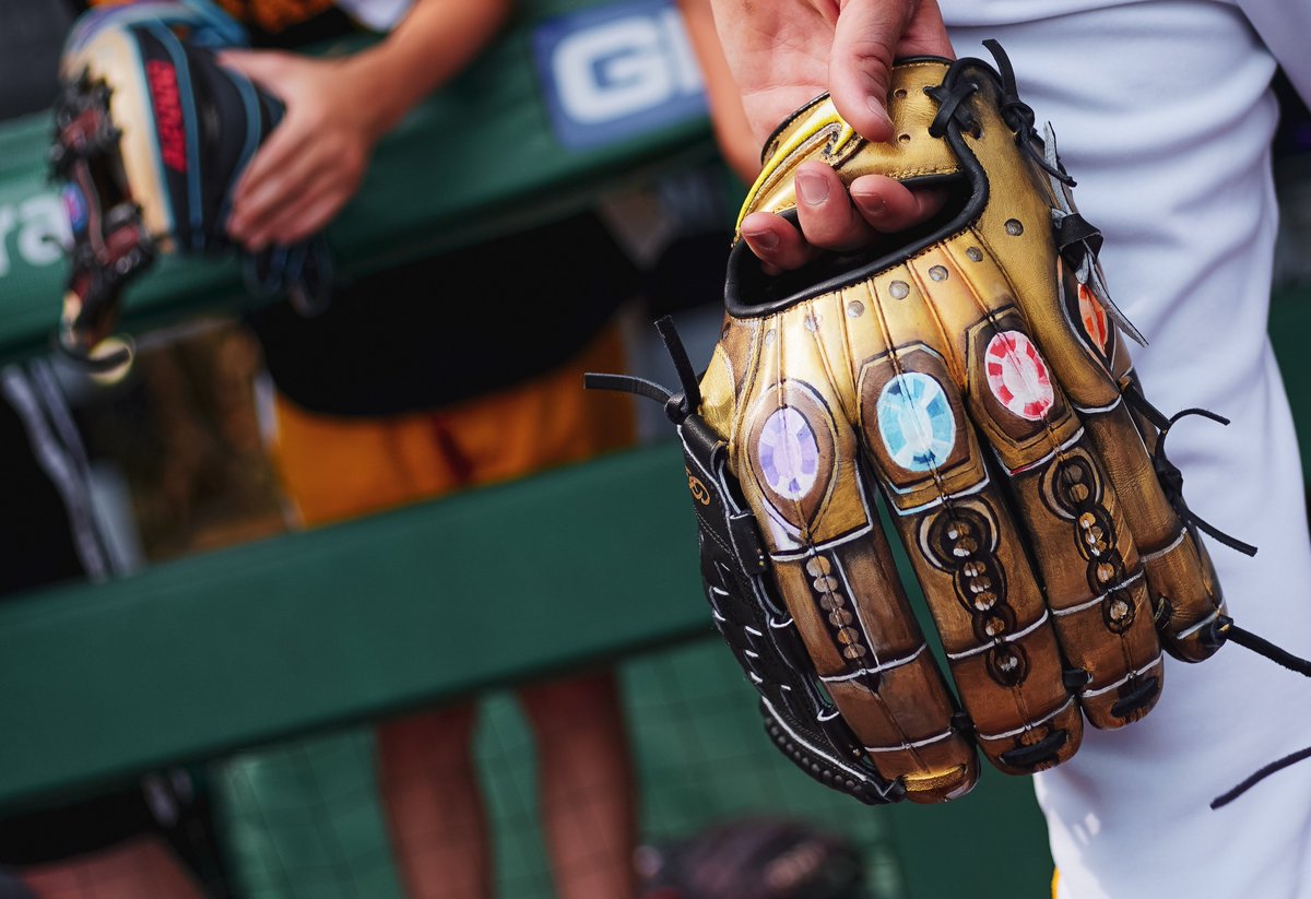 Pirates's tweet photo. 👀 @ItsbuccnJoe59 with the Avengers gauntlet glove for Players Weekend.
This was...inevitable. https://t.co/iaOrmkuJuu