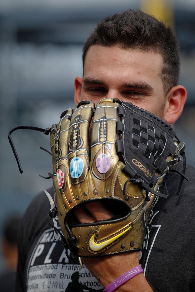 MLBONFOX's tweet photo. Really nice of Thanos to let @Pirates Pitcher Joe Musgrove use his glove today.

He is inevitable. https://t.co/QYW0JEEUE6