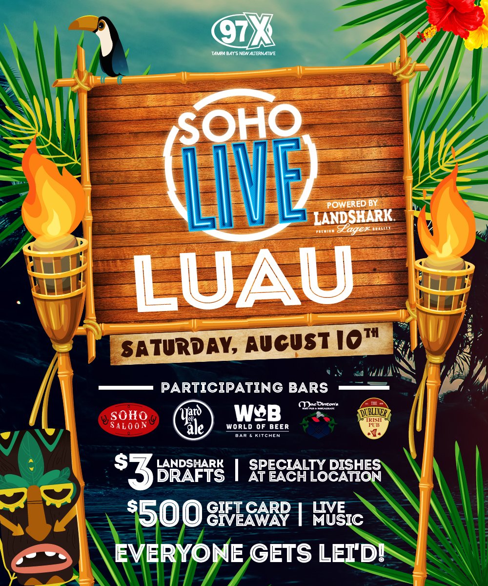97xonair's tweet photo. We're havin' a LUAU this Saturday!!! 😎
Party in #SouthTampa with us & @landsharklager for #SOHOLive! 🌴
More info! » https://t.co/6Cpsz1XlaO #ad https://t.co/9NyOX43LAs