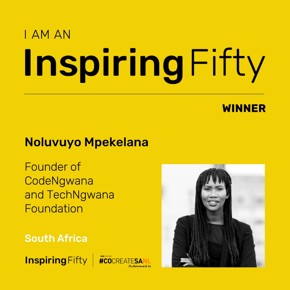 Inspiring50SA's tweet photo. Congratulations Noluvuyo Mpekelana
 You are one of South Africa’s 2019 Top #InspiringFiftySA  winners! #WomeninSTEM

@geeknolu
@CodeNgwana
@UCT_news
@cocreateSANL 
@Inspiringfifty https://t.co/G8Yj3Q1jYD