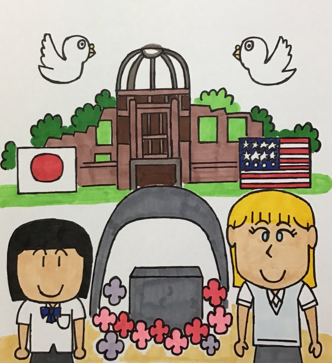 わだ ヨシタカ Auf Twitter 広島原爆の日 です これからもずっとヒロシマの平和を祈り描きました 広島 8月6日 74年 原爆ドーム 平和 日本人 アメリカ人 平和イラスト