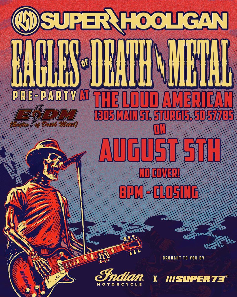 indianmotocycle's tweet image. Come rock with @EaglesOfDeath and us tonight at The Loud American in Sturgis, SD for the #SuperHooligans pre-party.

No cover required. Begins at 8PM. See you there.

#indianmotorcycle