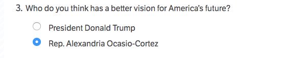 BeeAHamilton's tweet photo. So @realDonaldTrump is now creating Facebook Ads for his “Official Socialism Approval Poll” (which is honesty such a joke, wth) but this is seriously a question on it. Who is going to tell him/his team that @AOC is not running for president though?!?!? #DumpTrump2020 https://t.co/xOWe5bDzJ4