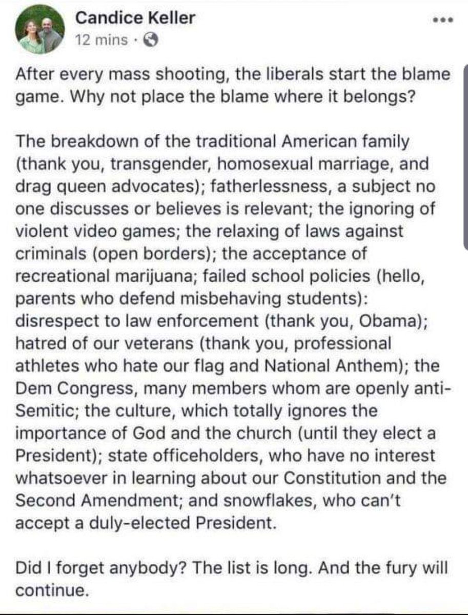 RealEvanArcher's tweet image. Ladies and gentlemen this is Ohio State Representative Candice Keller.  This is a statement she made on Facebook today but must have accidentally erased it.  Let's help make sure people see it by liking and re tweeting this post!
#ToledoMassacre #DaytonOhioShooting 
#VoteThemOut