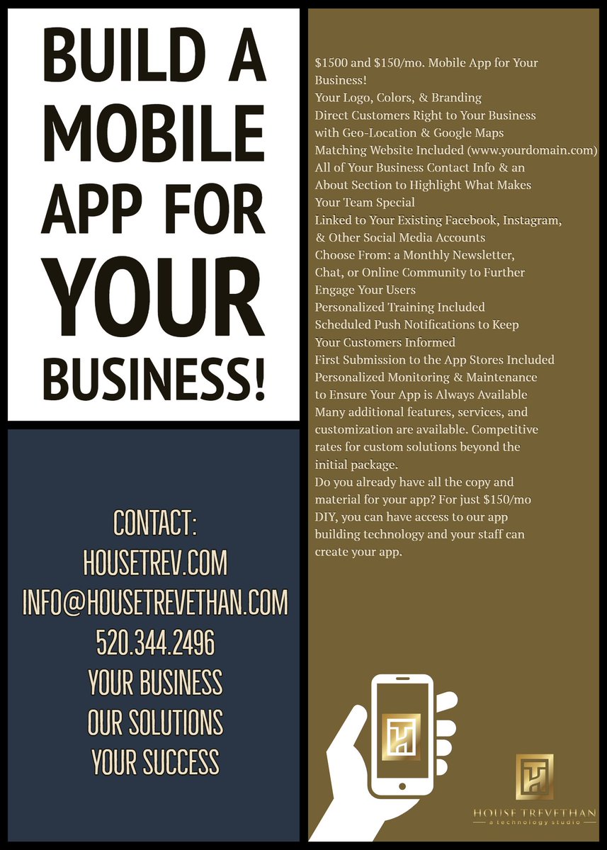 HouseTrevethan's tweet photo. Build a Mobile App for your business so you can keep in touch with your customers and & gain new clients! Offer special promotions on your App & directions on how to get to your store! We can build an app for you with your logos and branding! https://t.co/2X8G3VQVoe #appbuild https://t.co/WcSZYnqC1j