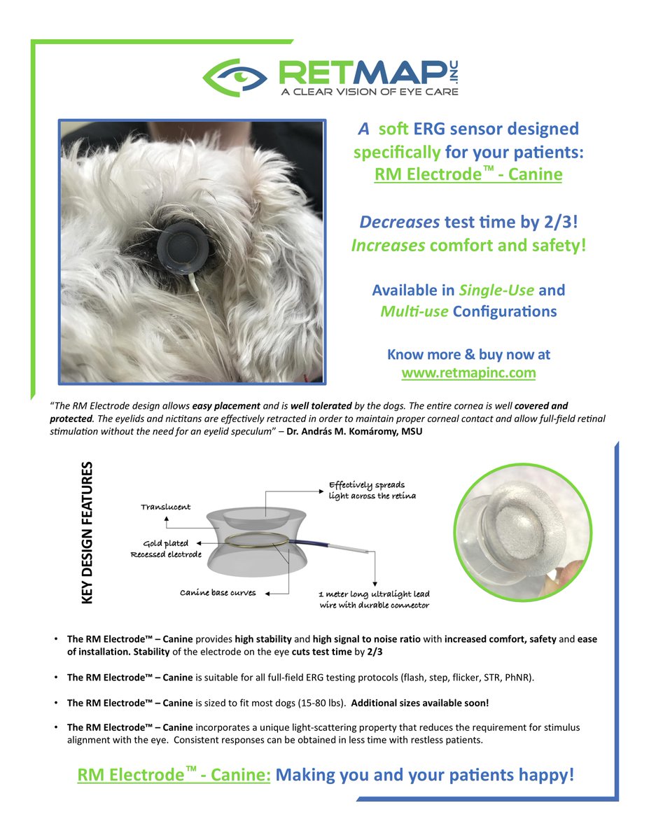 RetMapInc's tweet photo. Our shoutout appeared in AVOT this week, we're thrilled to be spreading the word! RM Electrode Canine's are available for sale. Go check us out at https://t.co/CnIQDlBYun
https://t.co/0uWpQC8ogb

 #Veterinary #Ophthalmology #Electroretinography #ERG #ECVO #ACVO #AVOT https://t.co/vJOeAJGn38