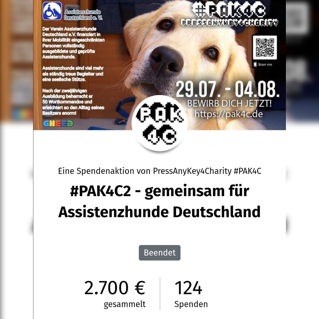 pak4c_'s tweet photo. Es ist vollbracht! Letztlich könnte #PAK4C einen Gesamtbetrag von 2.700,- für @AssistenzhundeD freigeben. Vielen Dank nochmal an alle Teilnehmer, Spender, Supporter und an @betterplace_org. Nach einer kleinen Erholungspause freuen wir uns mit der Planung für #PAK4C3 zu beginnen. https://t.co/vdKHgaNaWG