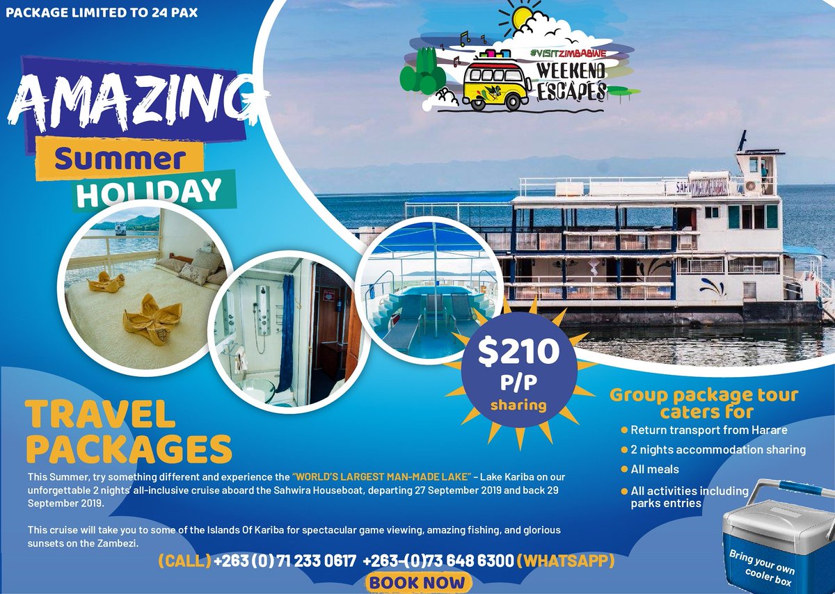 sam_in_zimbabwe's tweet photo. โ๏ธ Return Transport from #Harare
โ๏ธ 2 nights comfortable #accommodation our floating #hotel
โ๏ธ All meals
โ๏ธAll Activities
This great value #GroupPackage #Houseboat #Holiday on #LakeKariba is still selling
#BreakOutOfTheOrdinary and take a #ShoozHoliday https://t.co/qQjXaS1ZpT