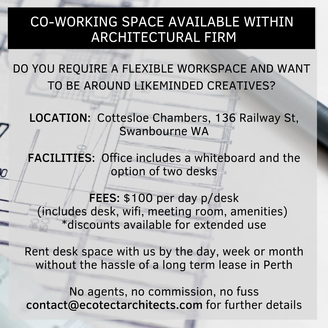 EcotectArchitec's tweet photo. Do you need a flexible work space? Would you like to work in a co-working area within an architectural firm in Swanbourne?  Contact us for more information. https://t.co/ELNzuNRFPT