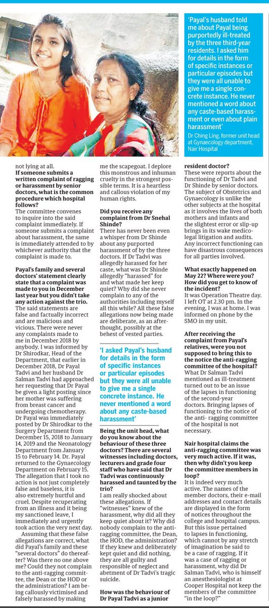 journofaizan's tweet photo. #EXLCLUSIVE >> With testimonies in #DrPayalTadvi charge sheet bringing into question her role in the case, Nair hospital's Dr. Ching Ling breaks her silence for the first time. @mid_day @patel_bhupen https://t.co/w7mGHcO1Ac