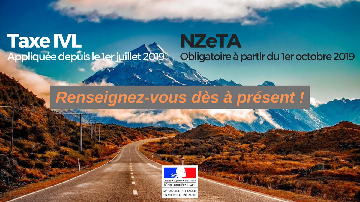AmbafranceNZ's tweet photo. ⚠️🇳🇿#NouvelleZélande : nouvelles mesures pour les voyageurs🧳⚠️

Avant de partir ou de transiter par la NZ, vérifiez si vous devez obtenir l'autorisation de voyage électronique (NZeTA), et régler la taxe touristique IVL.

Démarches &amp; infos : https://t.co/TpuEmE4RJu https://t.co/NVBNZ6Qy91