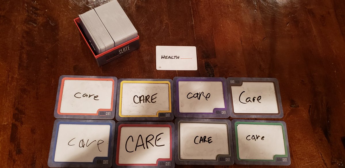 AnnaKrukCorbin's tweet photo. Playing @USAopoly's #BlankSlate (like #MatchGame) on our family vacation with 8 players ranging in age from 7 - 45.

The clue: Health ________

All 8 of us: CARE

#HealthCareIsAHumanRight
#HealthCareVoter
#ActivistLife https://t.co/S8uLuQgUVk