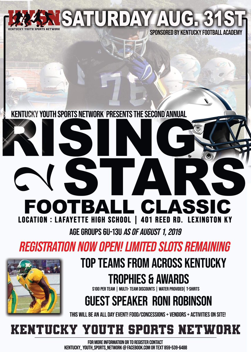 coachsmith859's tweet photo. ITS THAT TIME OF THE YEAR AGAIN‼️
❓:2nd Annual Rising Stars youth football classic. 🗓:August 31st, 2019
📍: Lafayette HS (Lexington, Kentucky)
🏈: 6U-13U
Contact Kentucky Youth Sports Network for team(s)/vendor information!
Let’s rise together.
#KYSN™️ https://t.co/sVX9feDf6X