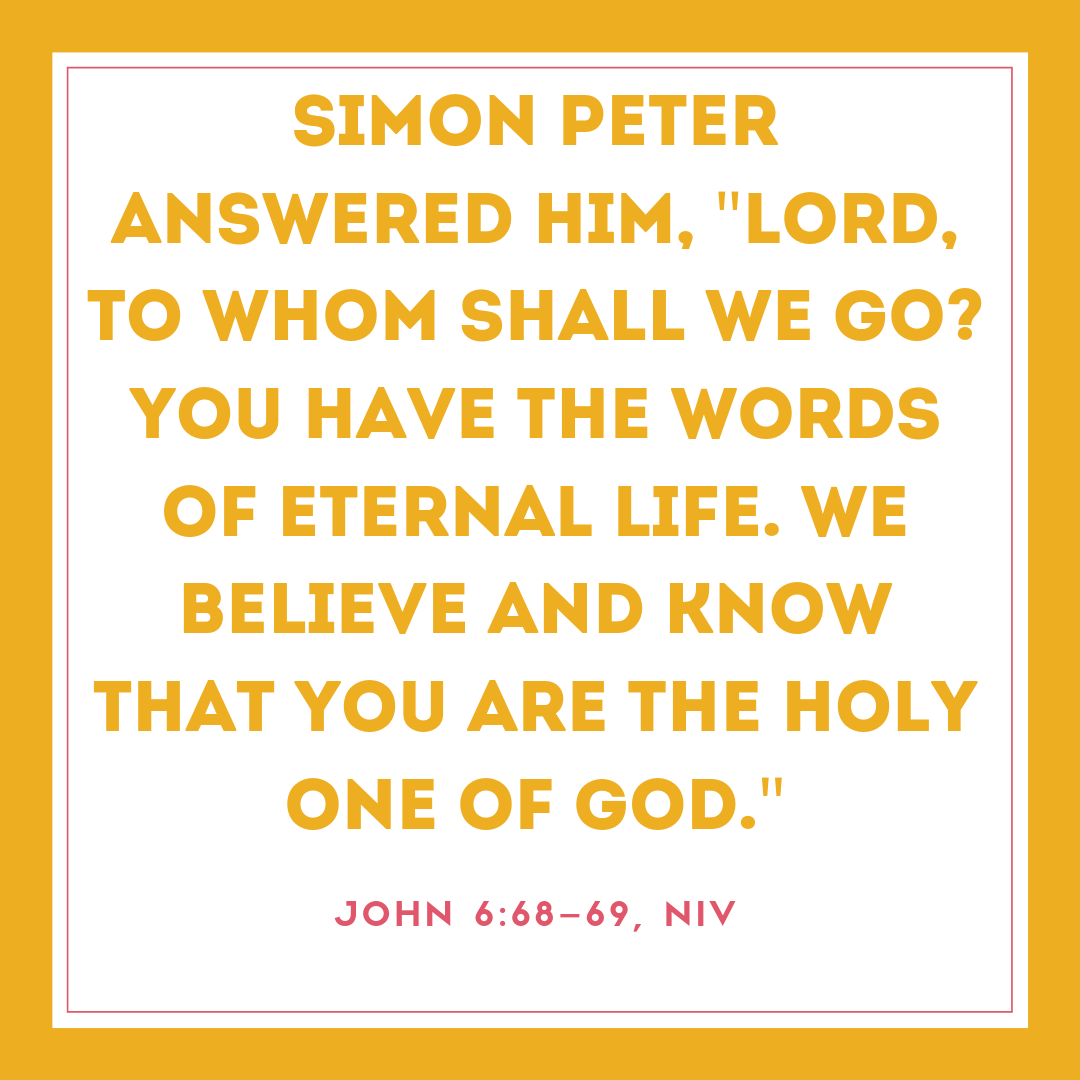 Simon Peter answered him, "Lord, to whom shall we go? You have the words of eternal life. We believe and know that you are the Holy One of God." John 6:68–69, NIV

Source: pos.li/2cxrbe