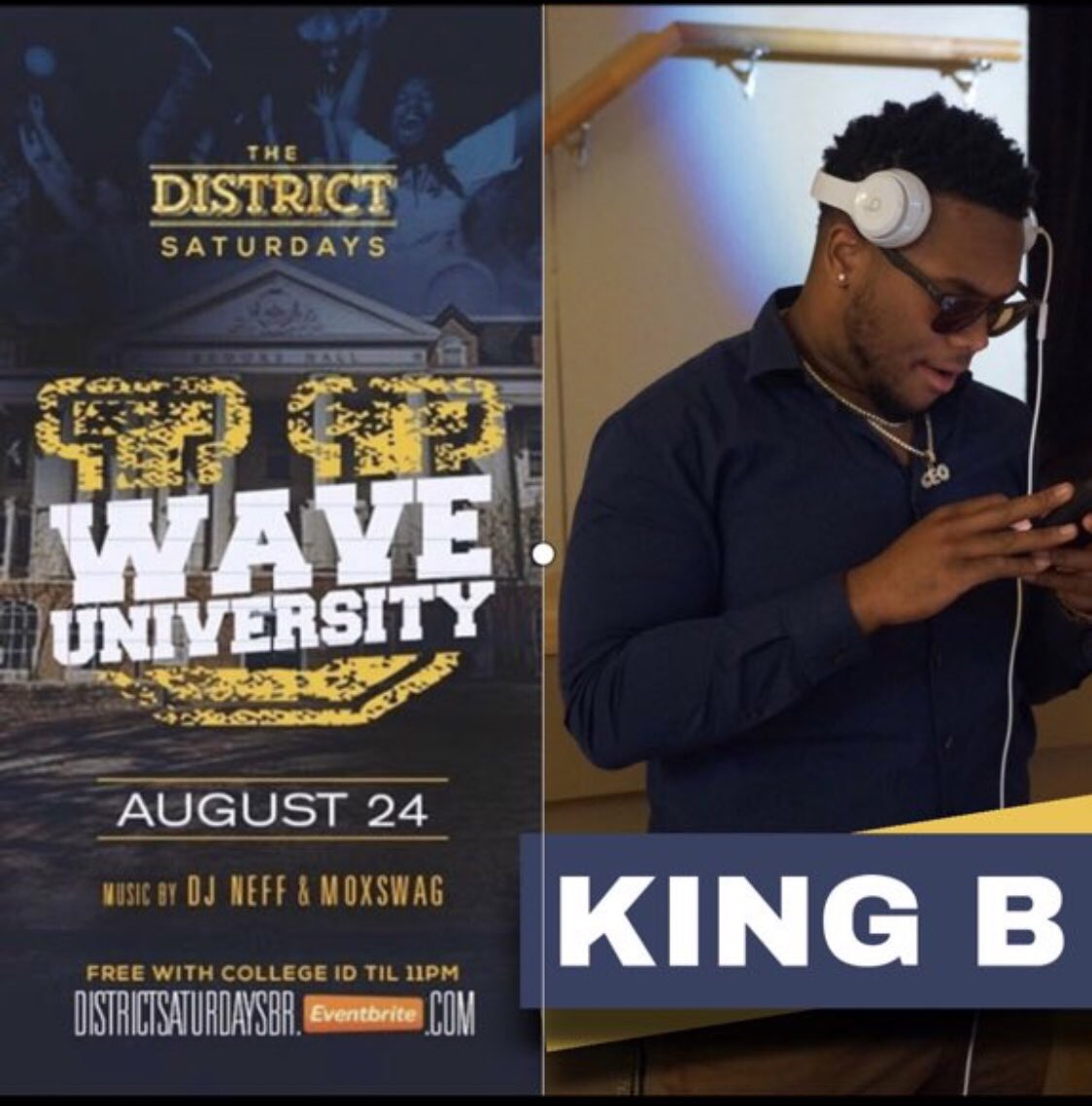 KingB2018's tweet photo. We bringing it back another year , #WaveUniversity first party of the school year for all colleges in BR , we starting this fall off with a bang .... bottles and baddies 🍾💃 August 24! #WaveU PS... it’s also my birthday that day so come turn up and show out 💯😎 https://t.co/LsYXD5iE9j