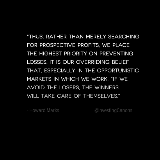 InvestingCanons's tweet photo. "Rather than merely searching for prospective profits, we place the highest priority on preventing losses." — Howard Marks
.
.
.
#InvertAlwaysInvert #Investing #Wisdom https://t.co/ENw9AeF674