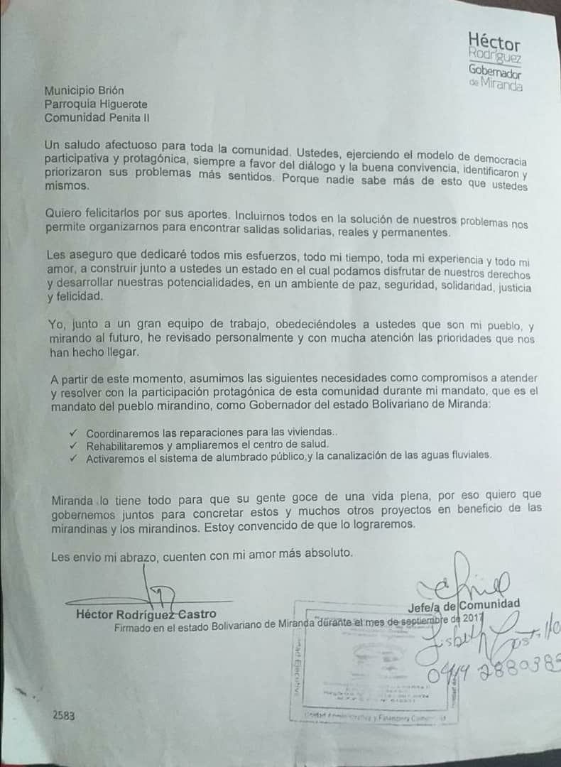 HectoRodriguez's tweet photo. 2. Esta es la carta de compromiso que firmamos durante la Campaña del 2017 en Higuerote, donde la comunidad solicitó rehabilitar el Centro de Salud por el pésimo estado en que se encontraba. https://t.co/3TEEAmV8C2