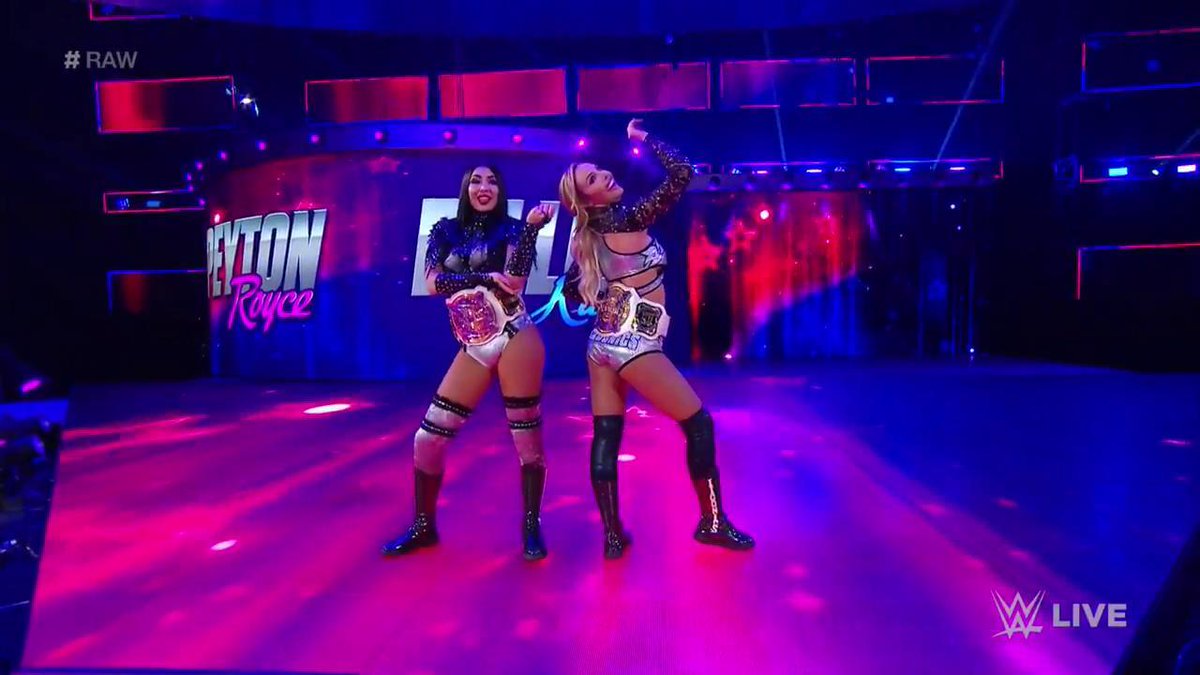WWE's tweet photo. The #TagTeamChampions have arrived! @PeytonRoyceWWE @BillieKayWWE #Raw https://t.co/mNWSIJ5Oyt