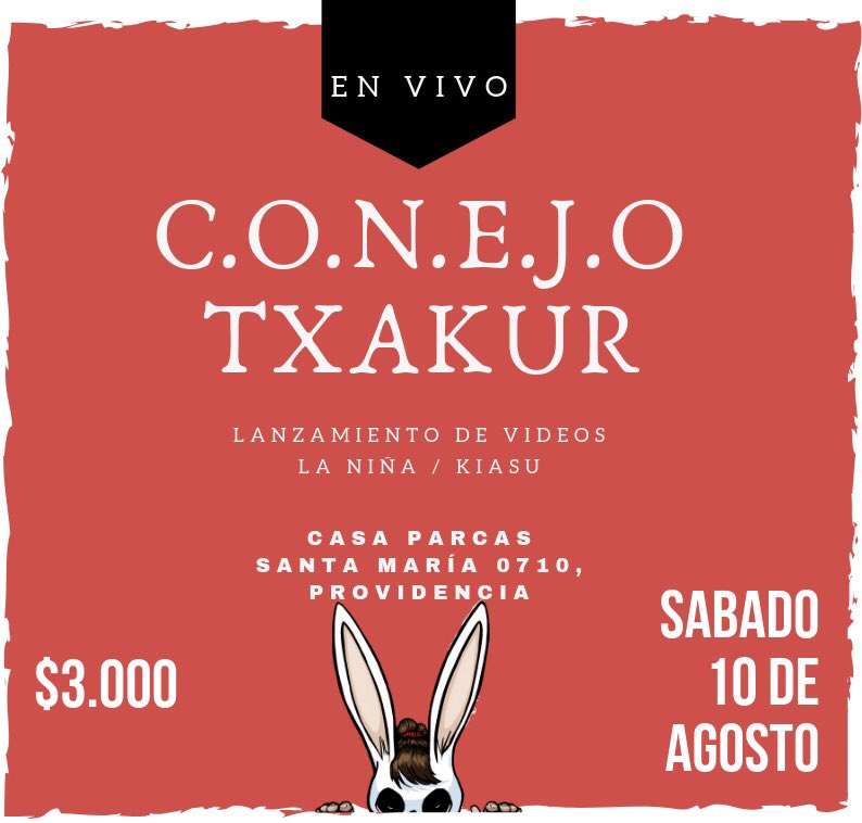 Nos vemos este sábado 10 de agosto en Casa Parcas junto a <a href="/Txakurmusic/">Txakur</a>. Se viene un show  tremendo 🙌🏻🐇🎉 #Laniña #Conejo #rockchile @agenciaplegable @aullidosrecords <a href="/chancho_discos/">Chancho Discos</a> <a href="/lerockcl/">LeRockPsicophonique</a>