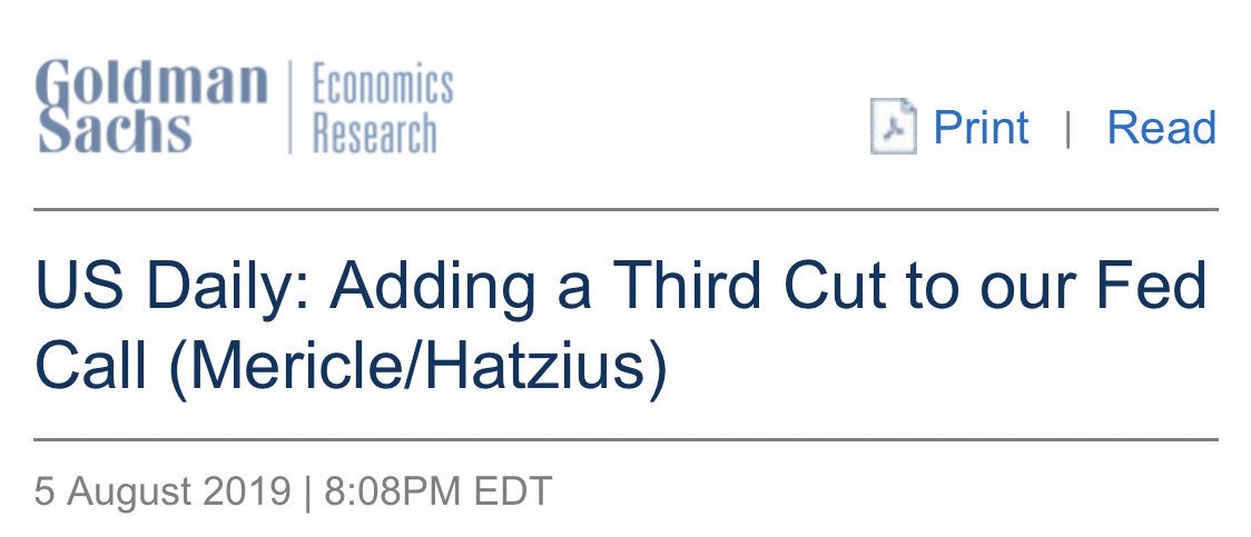 carlquintanilla's tweet photo. GOLDMAN: “.. we no longer expect a trade deal before the 2020 election ... we now expect a third 25bp rate cut in October, for a total of 75bp of cuts ..” https://t.co/3xLjLekbjF