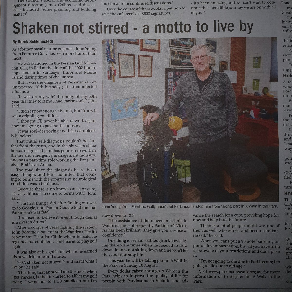Moore_Physio's tweet photo. A great story on one of our own, in this week's Mail newspaper. John is raising money for Parkinson's with "A Walk in the Park" on Sunday 18th August.
https://t.co/srVlj4N7fz
#moorephysio #physiotherapy #physio #choosephysio #clinicalpilates #dandenongranges #parkinsonsdisease https://t.co/NypKleYEp8