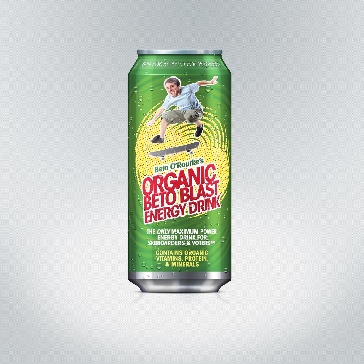 TV12News's tweet photo. BOMBSHELL: The Presidential soda wars heat up as @BetoORourke releases his Beto Blast Organic Energy Drink. Experts predict the drink, targeting health conscious skateboarders, may be the boost Beto needs to become a serious challenger for the Presidency. https://t.co/jEL3EIOgC2