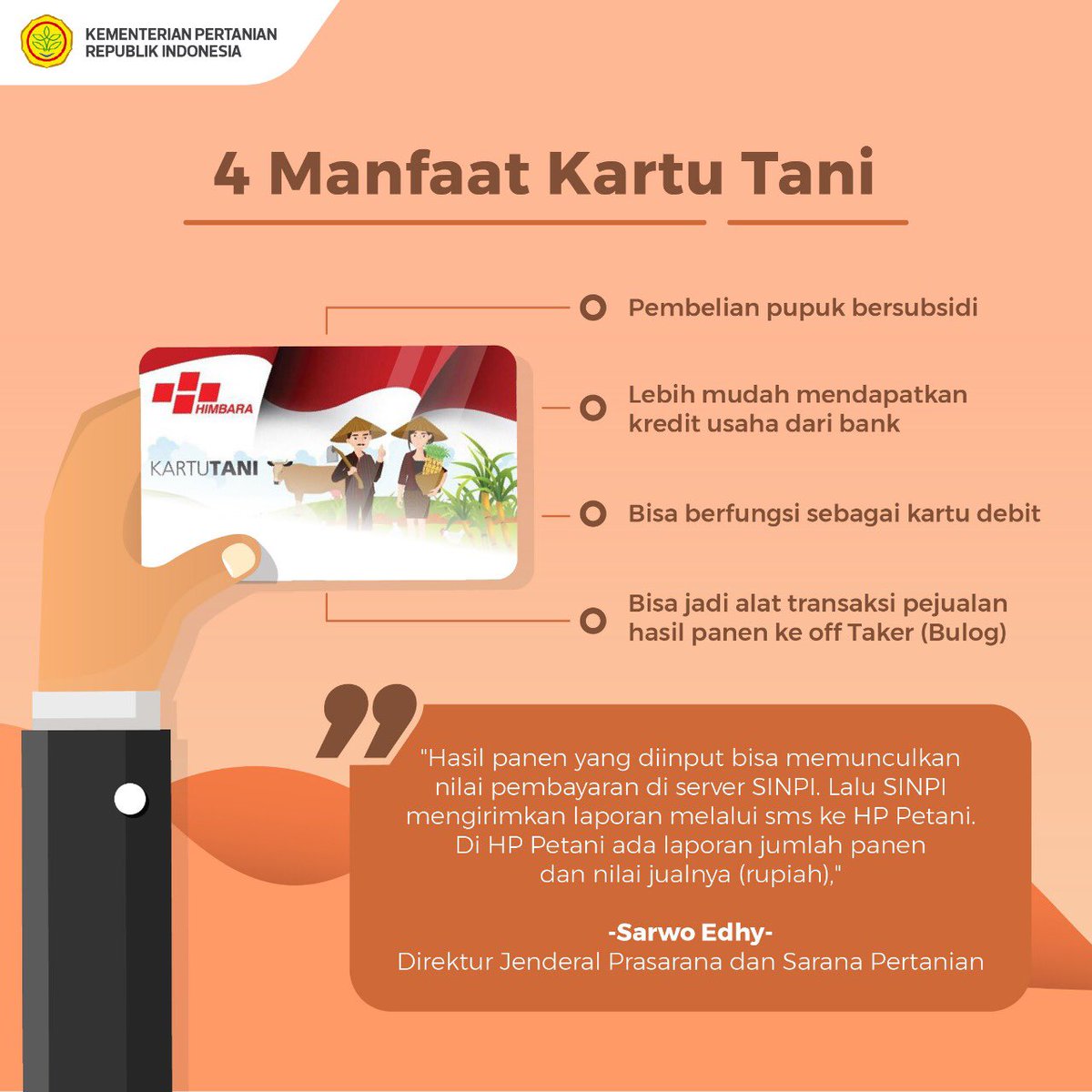 kementan's tweet photo. SobaTani, kenapa Kartu Tani begitu penting? Karena ada beragam manfaat di balik kartu tersebut, terutama agar penyaluran pupuk bersubsidi jadi tepat sasaran dan tidak ada penyelewengan. Yuk cek postingan grafisnya tentang manfaat lain dari Kartu Tani.

#PanganUntukNegeri https://t.co/G12ghSIBpg