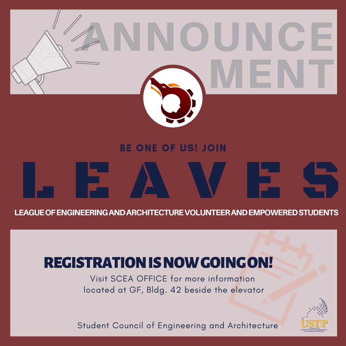 SCEALegends's tweet photo. Good day Legends! 

The Student Council of Engineering and Architecture (SCEA) is in search for the bravest legendary warriors to be part of the LEAGUE OF ENGINEERING AND ARCHITECTURE VOLUNTEERS EMPOWERED STUDENTS (LEAVES). So, grab the chance and be part of it! https://t.co/6qO1PhRrMI