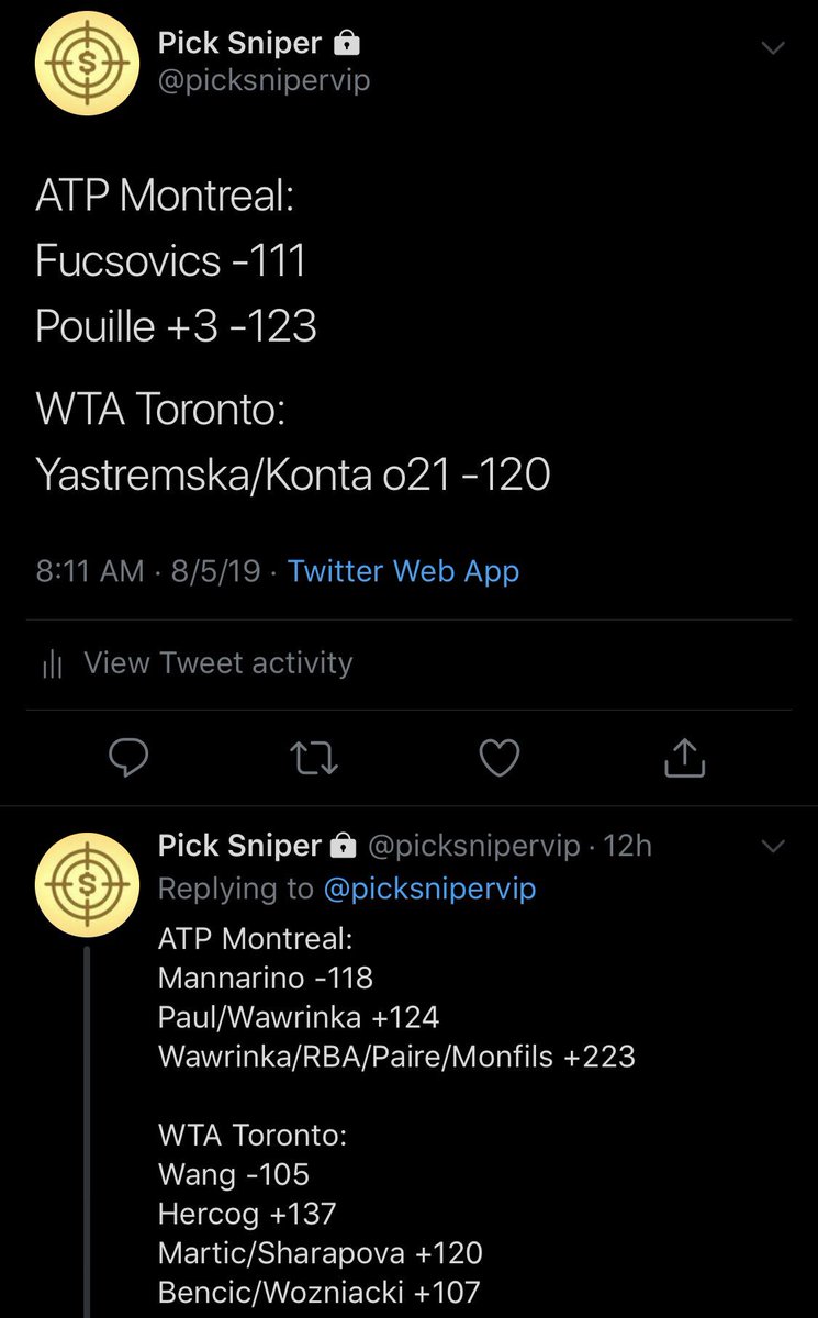 picksniper's tweet image. Rough day. Back at it tomorrow.

🎾: 4-7 / -4.28u