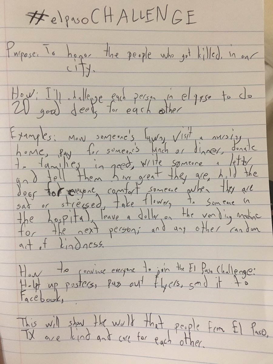 MuhammadLila's tweet image. After the #ElPasoShooting, 11-year old Ruben Martinez had an idea.

For each victim killed, he would commit a random act of kindness.

When others found out, they joined in.  People are now doing it across America.

Goodness can be viral, too.

#elpasoCHALLENGE 
(@rgandarilla99)