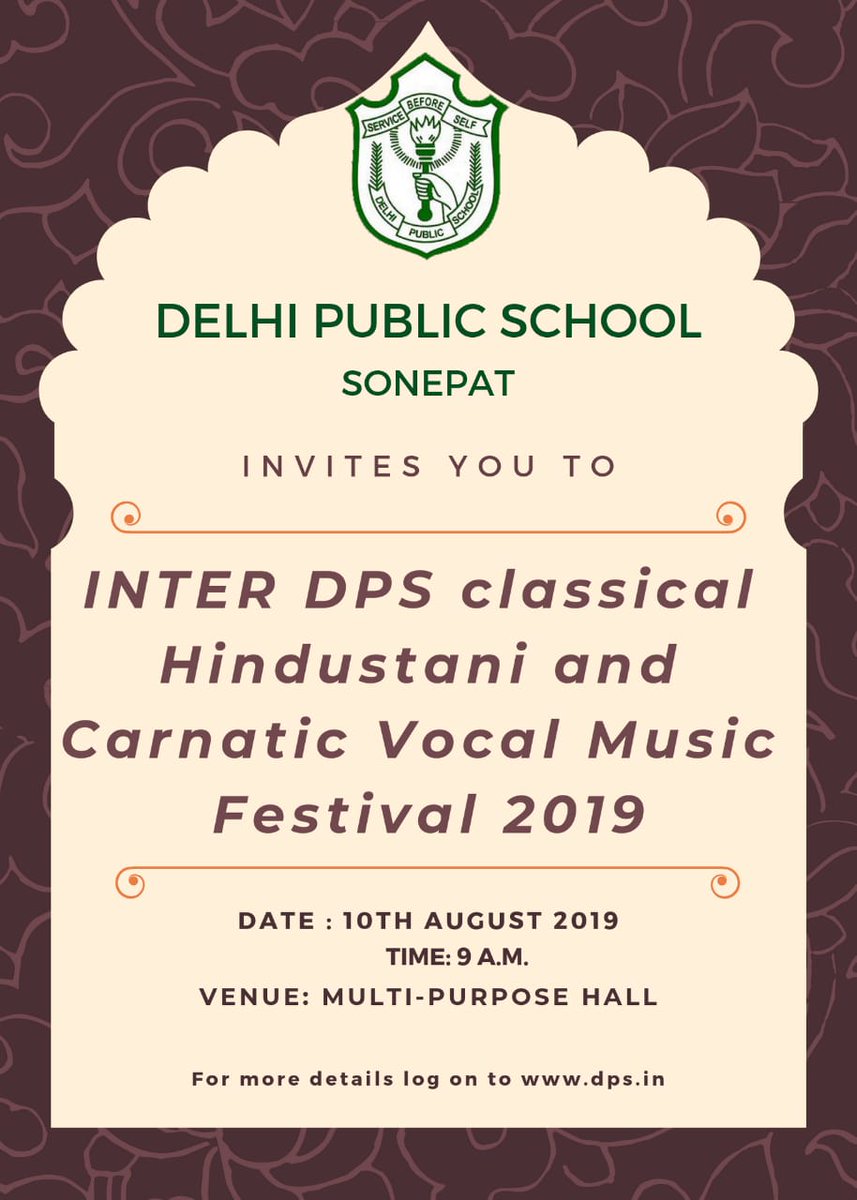dpssofficial's tweet photo. Swaranjali'19, an Inter DPS Classical Hindustani and Carnatic Vocal Music Festival will be held on 10th August 2019 at Delhi Public School Sonepat.

Various artists, performers, and leading musicians will participate in this inter DPS Festival.

#interdps #music #Aug10 https://t.co/PCRiMqklMo