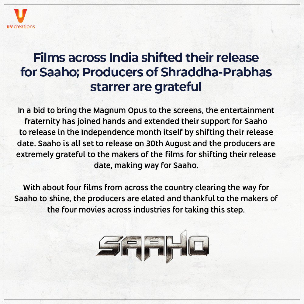 SKNonline's tweet photo. #Prabhas &amp; @UV_Creations thanks note :
Extremely thankful for producers across all the languages for clearing the way for #Saaho and helping for a bigger release. 
Action begins in cinemas from 30th Aug!
#Prabhas @ShraddhaKapoor @sujeethsign 
 #30AugWithSaaho https://t.co/x90WgADdYl