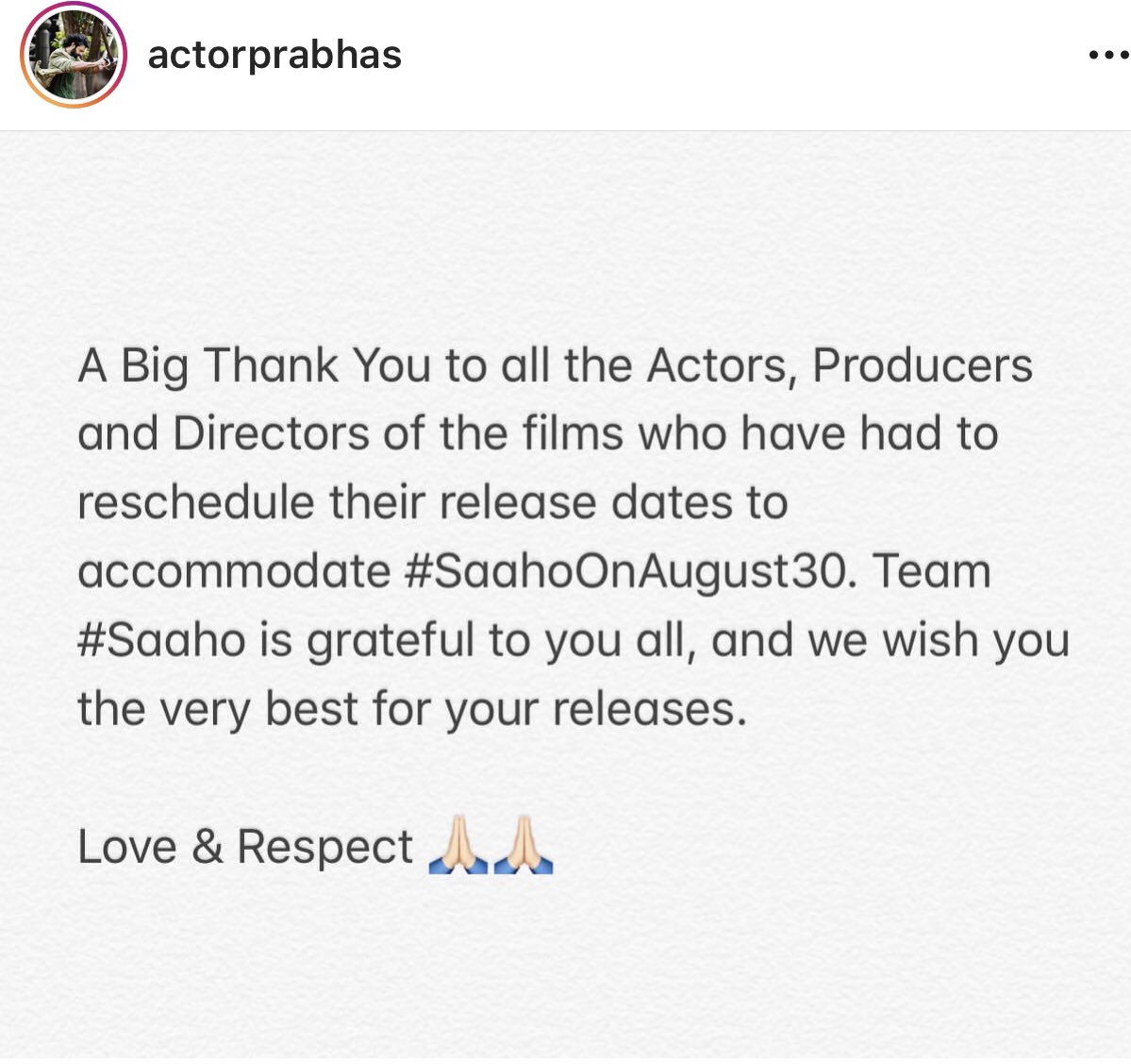 SKNonline's tweet photo. #Prabhas &amp; @UV_Creations thanks note :
Extremely thankful for producers across all the languages for clearing the way for #Saaho and helping for a bigger release. 
Action begins in cinemas from 30th Aug!
#Prabhas @ShraddhaKapoor @sujeethsign 
 #30AugWithSaaho https://t.co/x90WgADdYl
