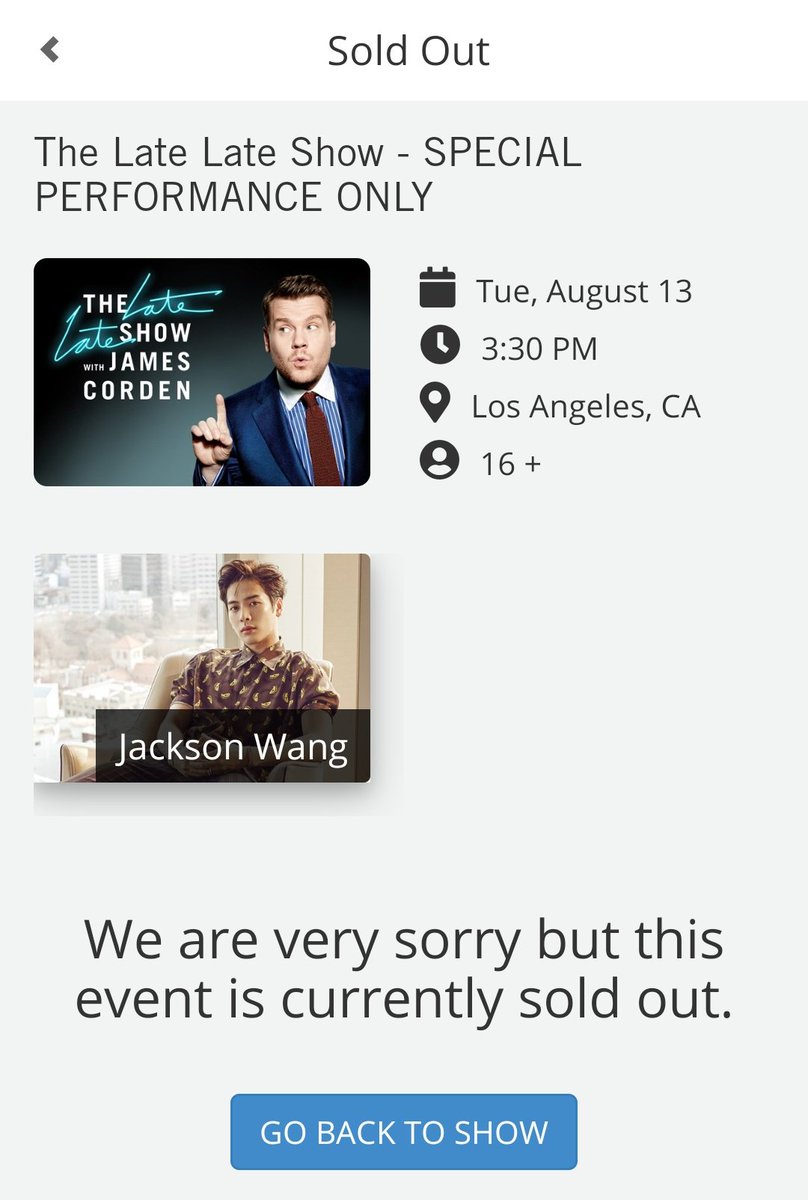 Jackson Wang Global on Twitter "[INFO] 190806 James Corden Tickets for