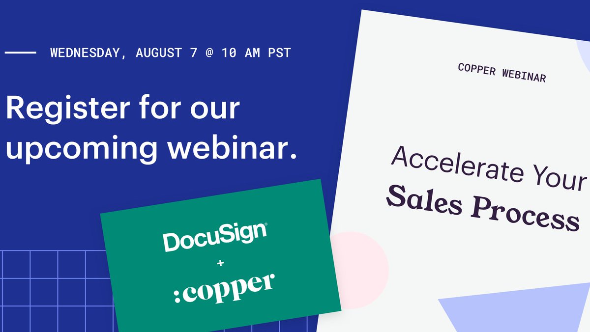 CopperInc's tweet image. Ready to leave inefficient sales processes behind for good?

Join our next #CopperWebinar with guest Leo Rodriguez, Director of Partner Marketing at @DocuSign, to learn how to accelerate your sales process. 🚀

Save your seat: bit.ly/2YhGExa