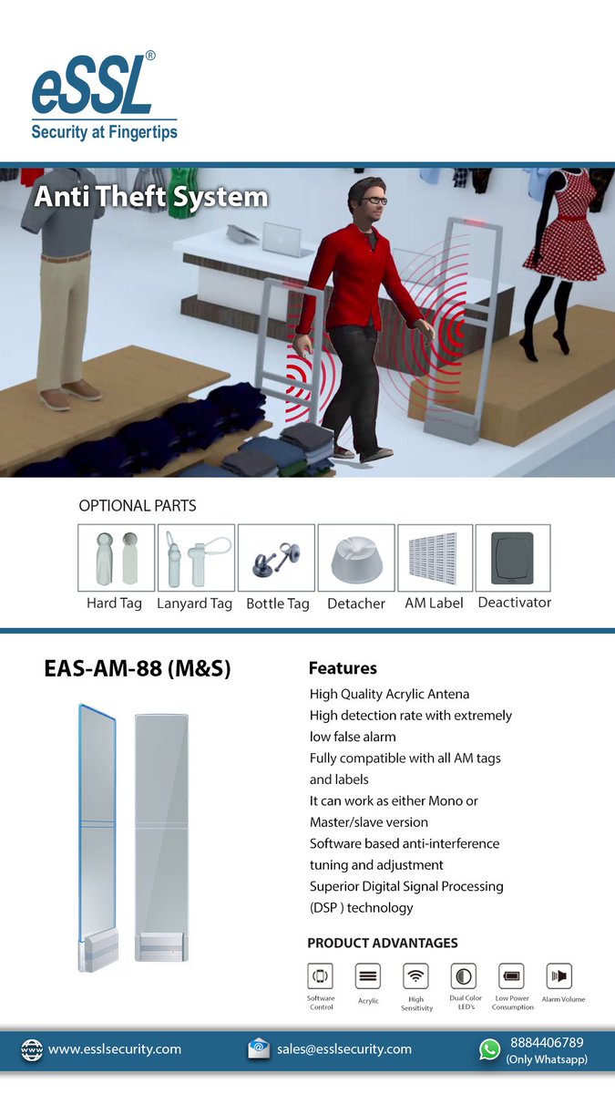 eSSLbangalore's tweet image. Even the best thief cannot steal from your store until you have this Anti-theft system in place. EAS-AM-88 (M&S) provides a very high detection rate with low power consumption.
Visit esslsecurity.com/contactus for more details.
#anti_theft #sensitivity #DSPTechnology #AMTags #labels