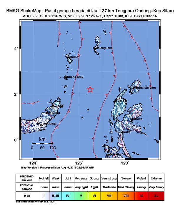 infoBMKG's tweet photo. #Gempa Mag:5.3, 06-Agu-19 10:51:16 WIB, Lok:2.20 LU, 126.47 BT (Pusat gempa berada di laut 137 km Tenggara Ondong-Kep Sitaro), Kedlmn:10 Km Dirasakan (MMI) II-III Bitung, II Manado, II-III Siau #BMKG https://t.co/0hu1eCzQdV