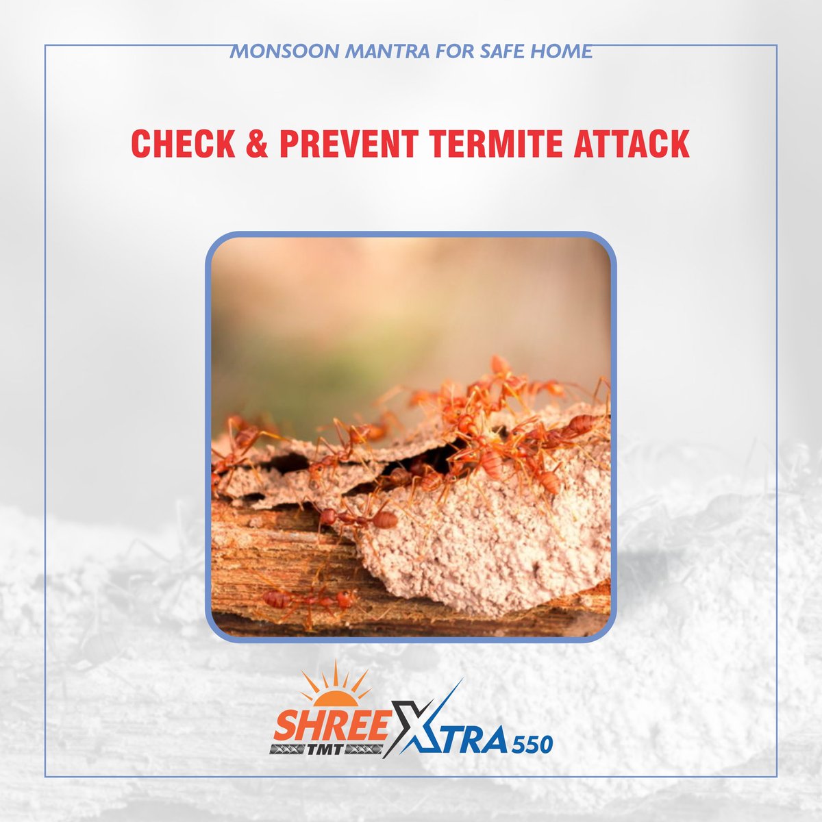 shreetmtpremium's tweet image. During monsoon, the moisture in the air and dampness in the walls can cause termite attack affecting your furniture. Prevent water leaks and use anti-termite solution to increase the longevity of the wooden furniture.#MonsoonMantra, #TermiteAttack, #SafeFurniture, #ShreeTMT