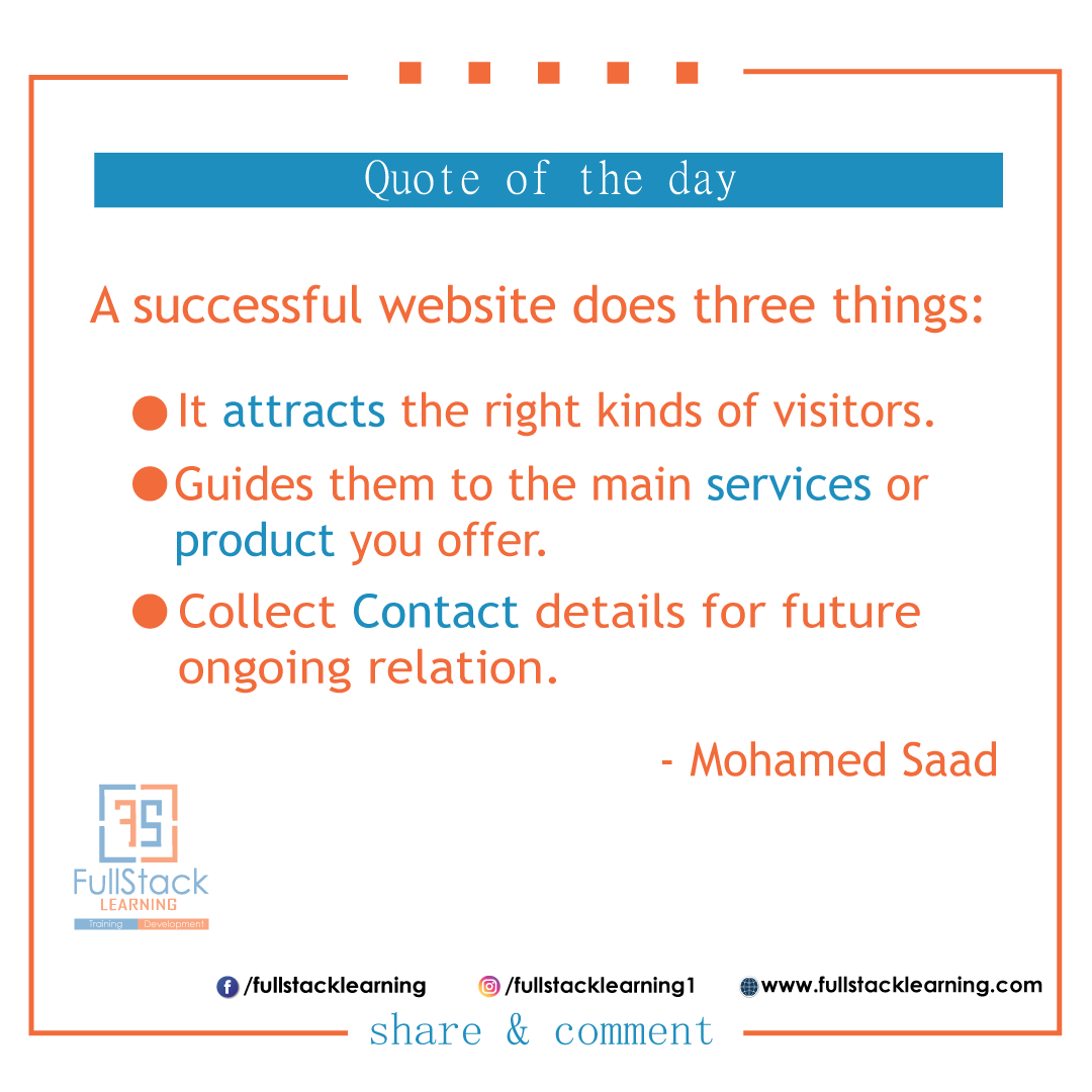 fslLearning's tweet image. “A successful website does three things:
*It attracts the right kinds of visitors.
*Guides them to the main services or product you offer.
*Collect Contact details for future ongoing relation.”
― Mohamed Saad
#fullstacklearning #jaipur #rajasthan🚩
