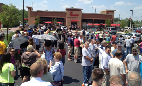 The crowds in support of CFA after the MSM attacked them and reported liberals were going to boycott them. Hello Deep State! You can't tell us people's religions are sacred, and all should be respected, except for Christians. When the majority of the US are Christians.