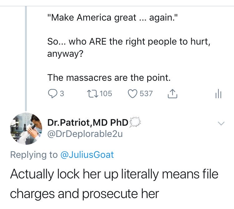 Actually, Dr. Patriot, no it doesn’t— because those who chant it care neither about about national security, nor the infractions they claim she’s guilty of, and never did; many in the Trump administration use unsecured private phones and conspired with Russia, for example.
