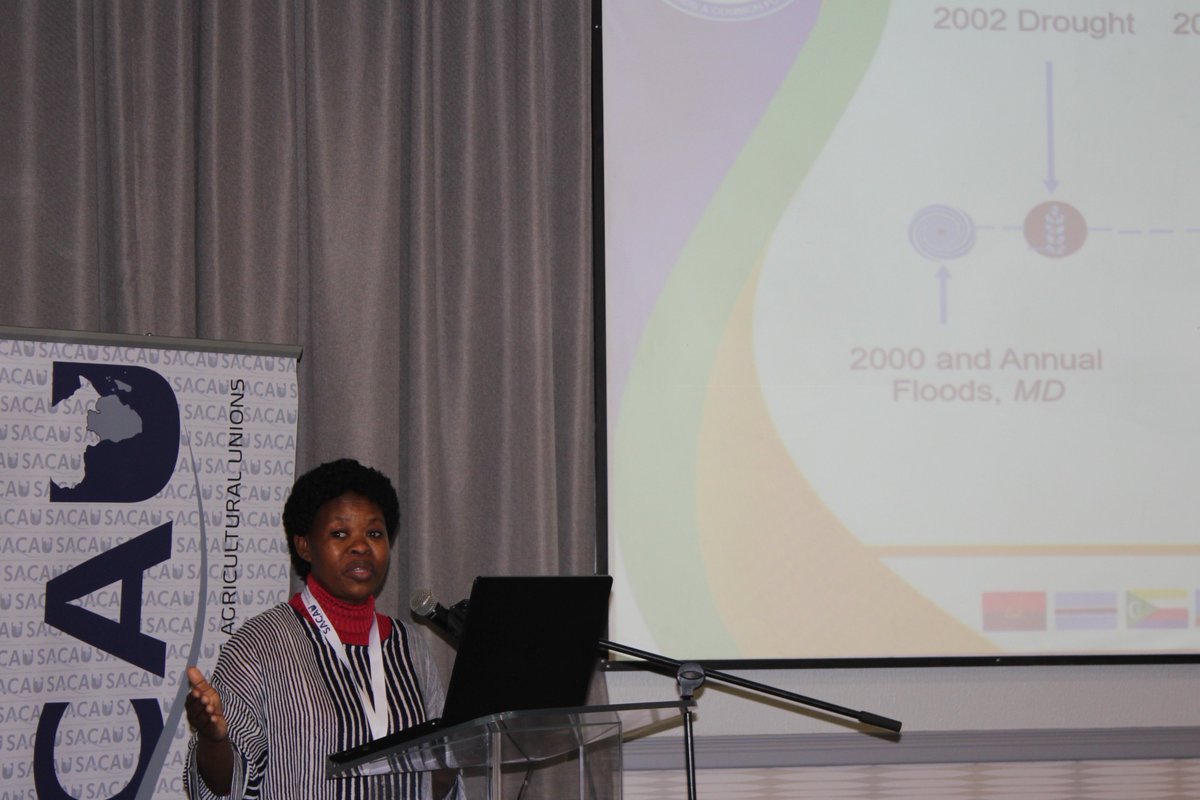 Sithembiso Gina, SADC Disaster Risk Management (DRM) unit Senior Programme Officer presenting on WBII risk pooling potential #SACAUWBII4Farmers