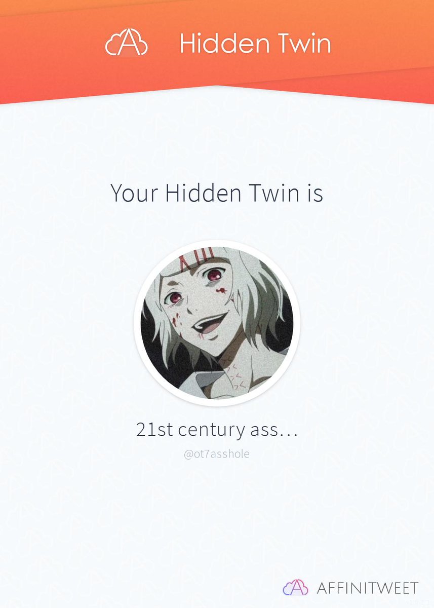 softiekoos's tweet photo. #Affinitweet Hidden Twin
ot7asshole is my hidden twin 😱
Find out who is yours!
via https://t.co/DGPW8QQlR7 https://t.co/aPn4s69qPx