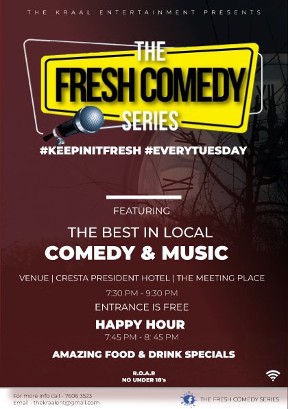PitchMarketing1's tweet photo. The #Biggest #Comedy show in #Botswana. #TheFreshComedySeries on tonight. Doors open at 6:30 pm & the show starts at 7:30 pm. #CrestaPresidentHotel #TFCS #Keepinitfresh #Everytuesday #Africancomedy #Comedyshow #TheKraalEnt. #Gaborone https://t.co/ROPAIRl2S8