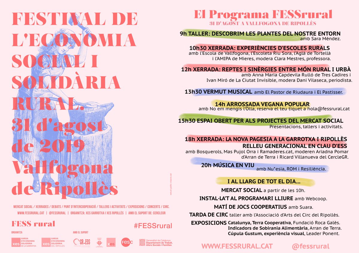 fessrural's tweet photo. 💬 Conversarem sobre reptes, relleus, educació, pagesia, cultura, agroecologia,...
🌾Tramarem al Mercat Social.
🎶 Gaudirem de música, jocs, circ, expos...

👉🏿Tot plegat el 31 d'agost a @Vallfogona de Ripollès!
Organitza @xes_ripolles i #XESGarrotxa amb el suport de moltes més! https://t.co/v2mhaC0bD4