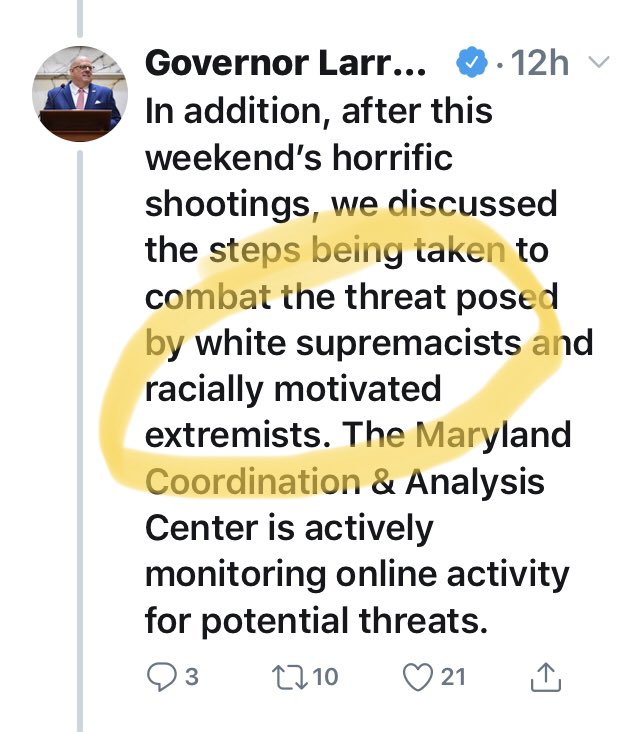 MikeSchuhTV's tweet photo. #Maryland  @GovLarryHogan directs State Police &amp; other state resources to keep their eye on #WhiteSupremist activity here. This discussion a result of #ElPaso  &amp; #Dayton mass murders. https://t.co/t1ga0G3ihO