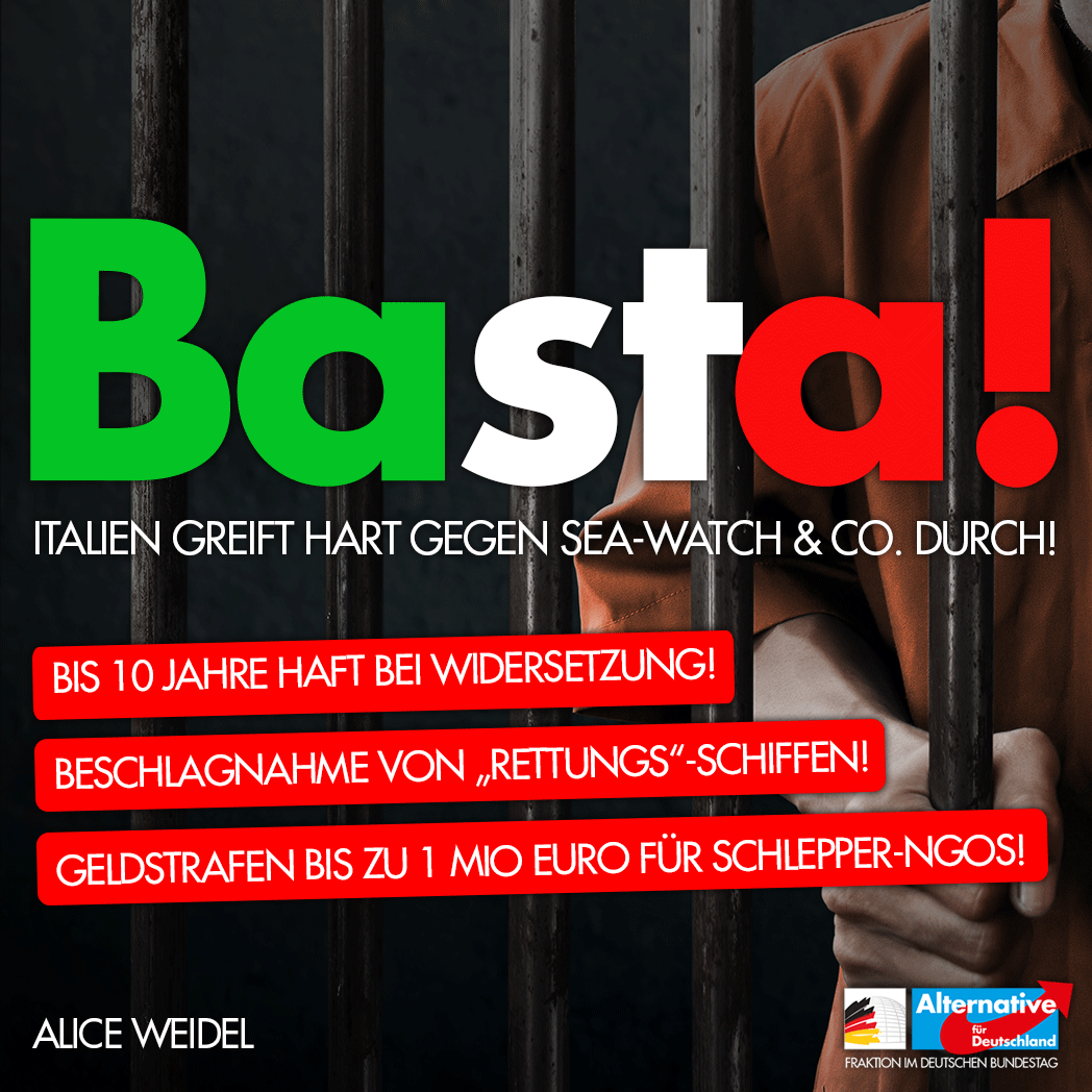 Alice_Weidel's tweet image. 10 Jahre Haft bei Widersetzung, bis 1 Mio Geldstrafe, Konfiszierung der #NGO-Schiffe: #Italien greift gegen Schlepper durch! Bravissimo, @matteosalvinimi! #Seawatch #Migration facebook.com/aliceweidel/ph…